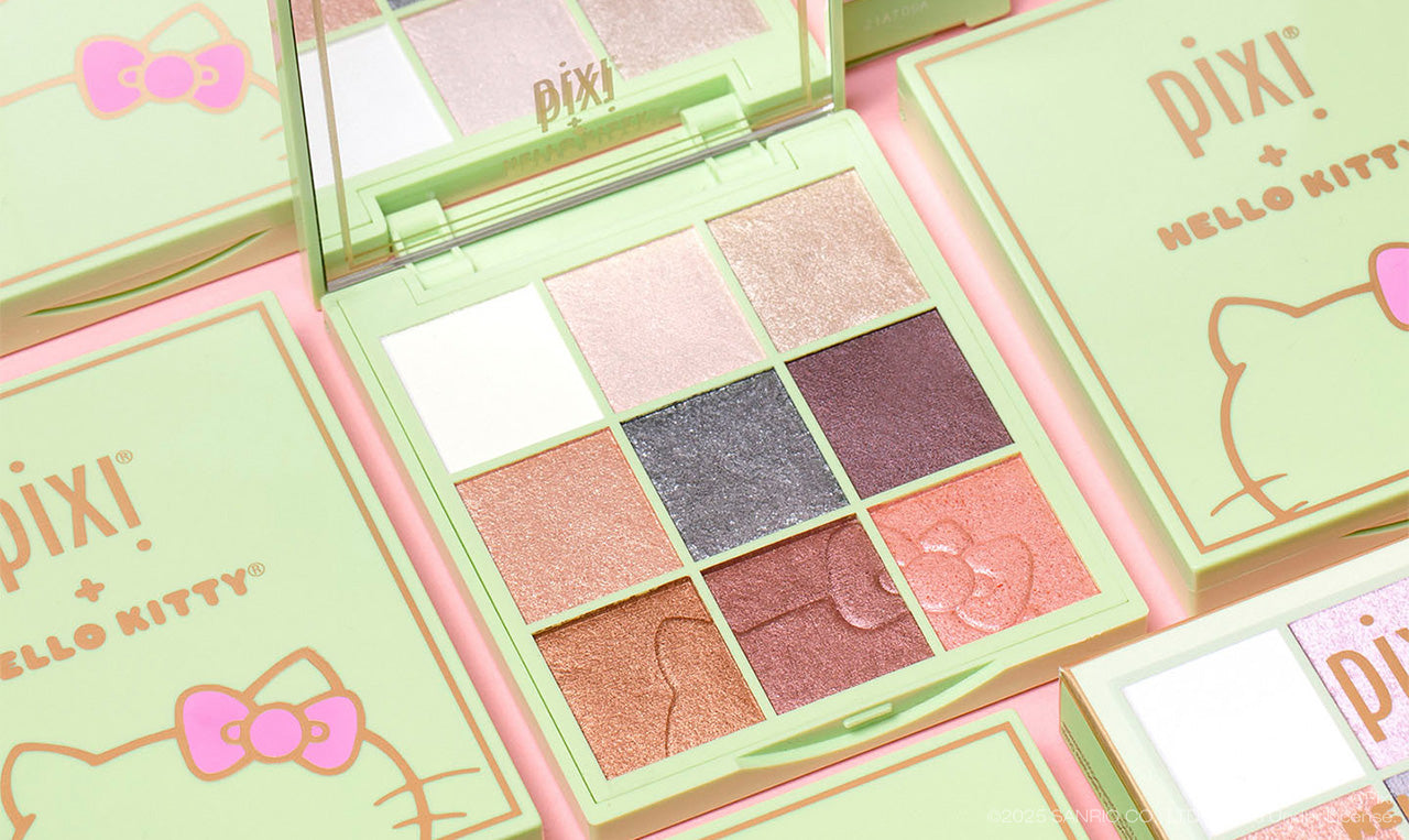 Pixi + Hello Kitty Eye Effects Palette shown multiple times on a pink background
