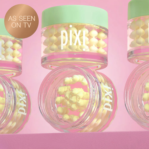 Pixi Vitamin-C CreamSerum product with pink lid and green cap on a pink background and a "As Seen on TV" badge view 1