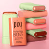 Pixi On-the-Glow Bronze sticks in assorted colors against a pink background