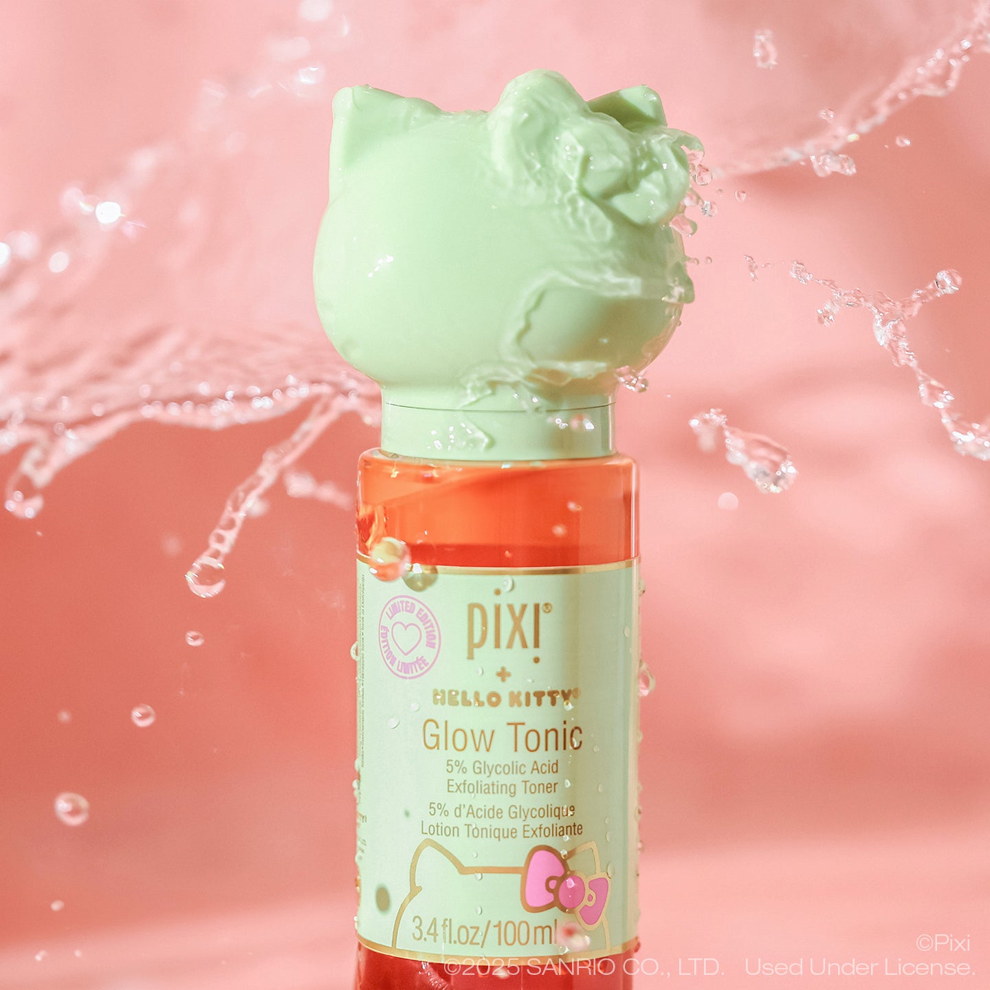 Pixi + Hello Kitty Glow Tonic with water slash in background
