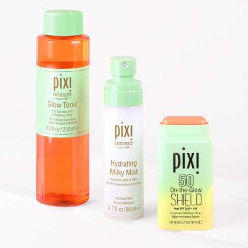 Bundle image shown on a white background featuring Glow Tonic, Hydrating Milky Mist and On-the-Glow SHIELD SPF 50 - View 1 view 2