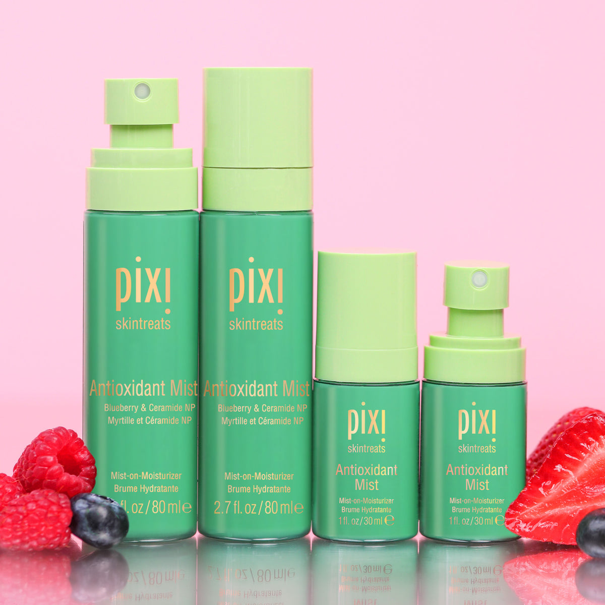 Antioxidant Mists in multiple sizes shown on a pink background with berries