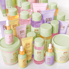 Collection of Pixi skincare products on a white background
