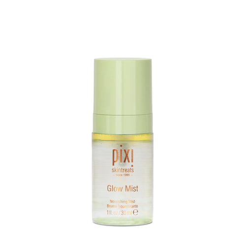Pixi Skintreats Glow Mist hydrating mist in a 1 fl. oz. (30 ml) clear bottle with a light green cap, on a white background. view 2