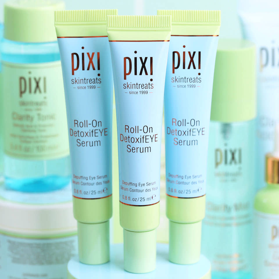 Pixi Roll-On DetoxifEYE serum products including a bottle and two tubes of DetoxifEYE Serum on a light background. view 1